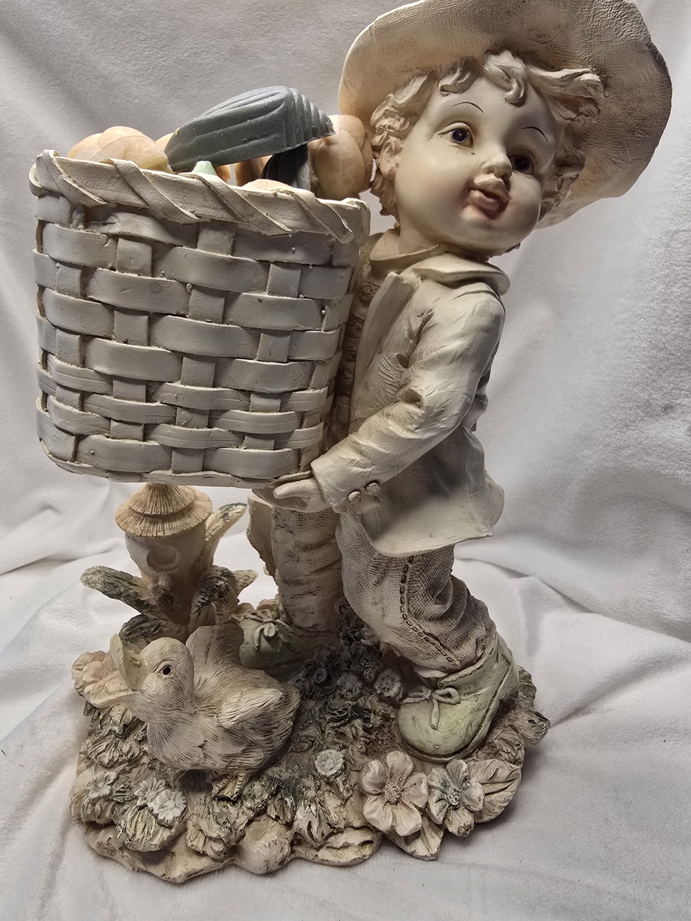 White and Cream Boy with Basket Figurine - Home Art